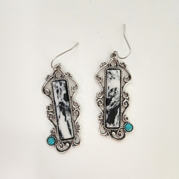 NEW Boho Howlite Turquoise Stone Rectangular Dangle Earrings White Black Marble - Picture 6 of 8